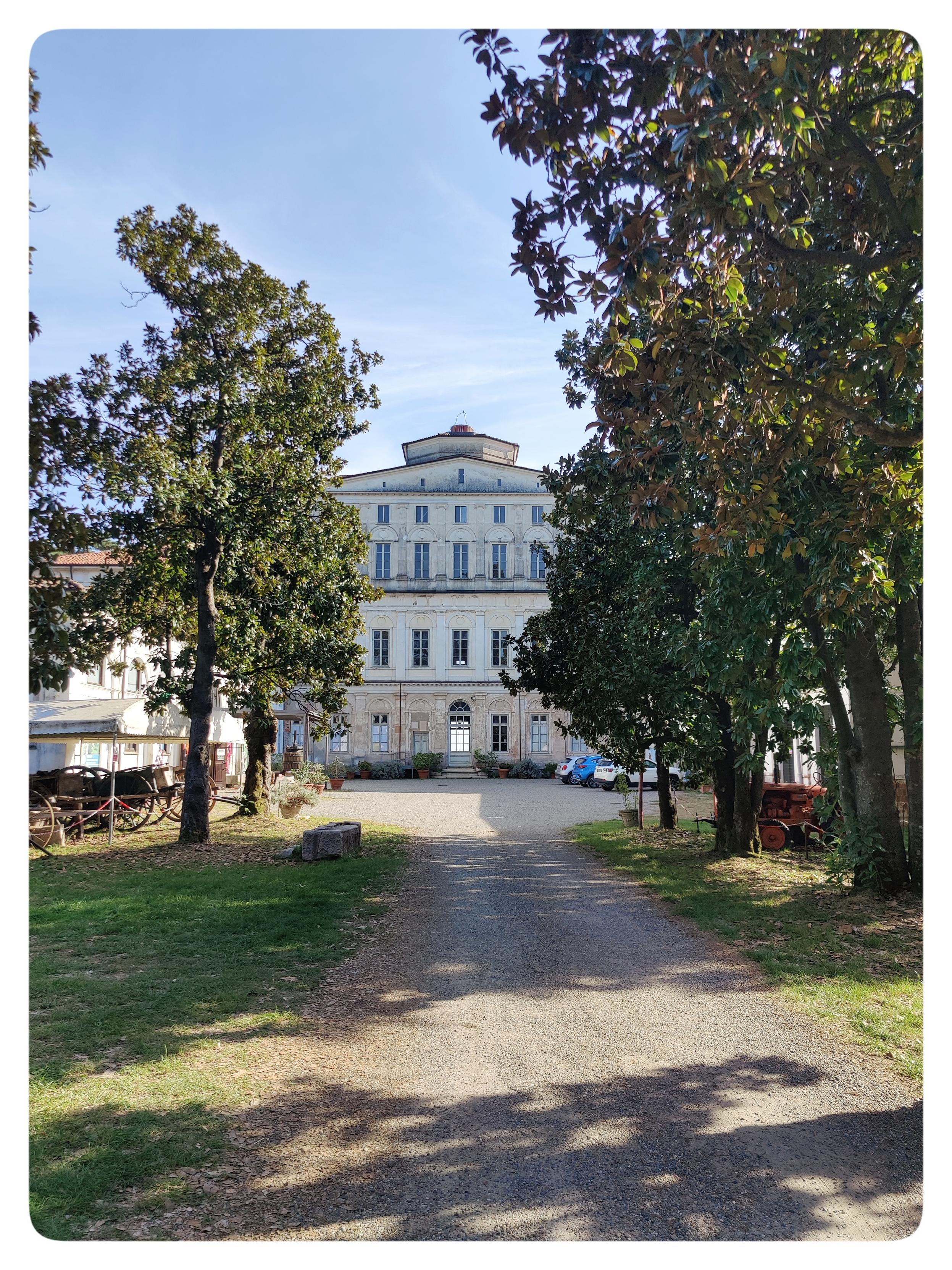 L'ingresso sul retro della villa. Il corpo centrale è chiuso e inagibile. Il viale d'ingresso è circondato da grandi alberi.
