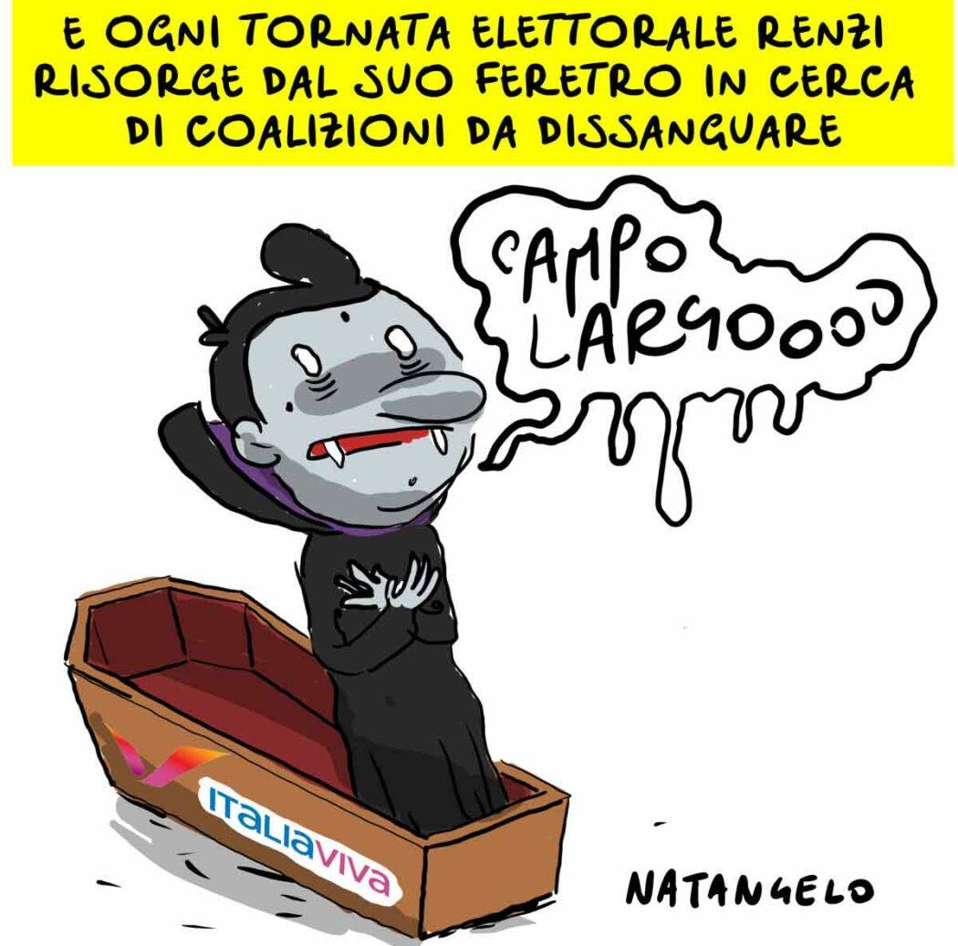 Nella vignetta, Matteo Renzi, nei panni di un vampiro, risorge da una bara sulla quale c'è logo di Italia Viva, sospirando: "Campo largoooo".