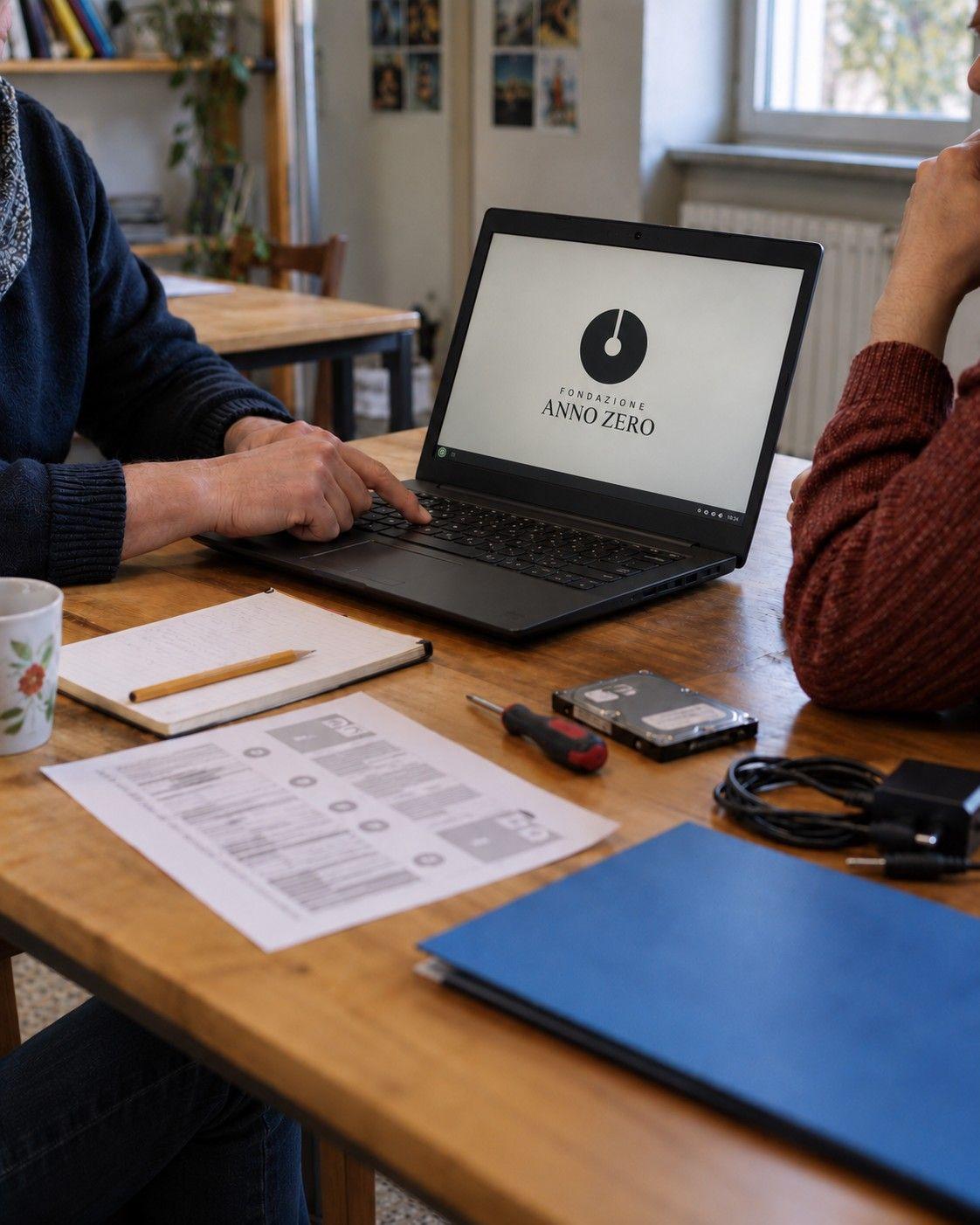 Una persona di Fondazione Anno Zero mostra l'uso di un portatile fornito dalla Fondazione ad un utente, spiegando le tematiche legate all'autonomia digitale.