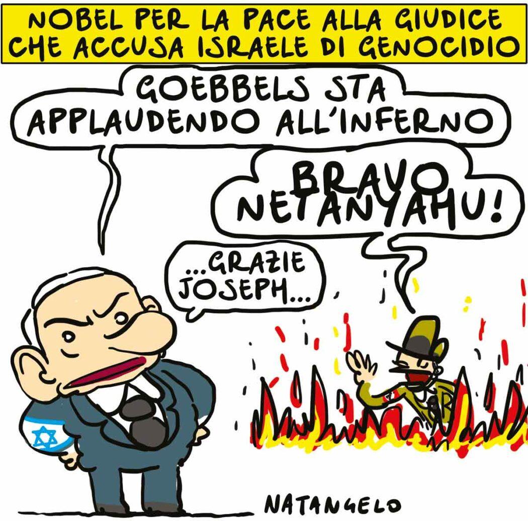 Nel disegno, Netanyahu commenta la notizia dell'onorificenza assegnata a Navi Pillay: "Goebbels sta applaudendo all'inferno".
Sullo sfondo, tra le fiamme, il generale tedesco incita: "Bravo Netanyahu!"
"...grazie Joseph...", conclude Netanyahu.