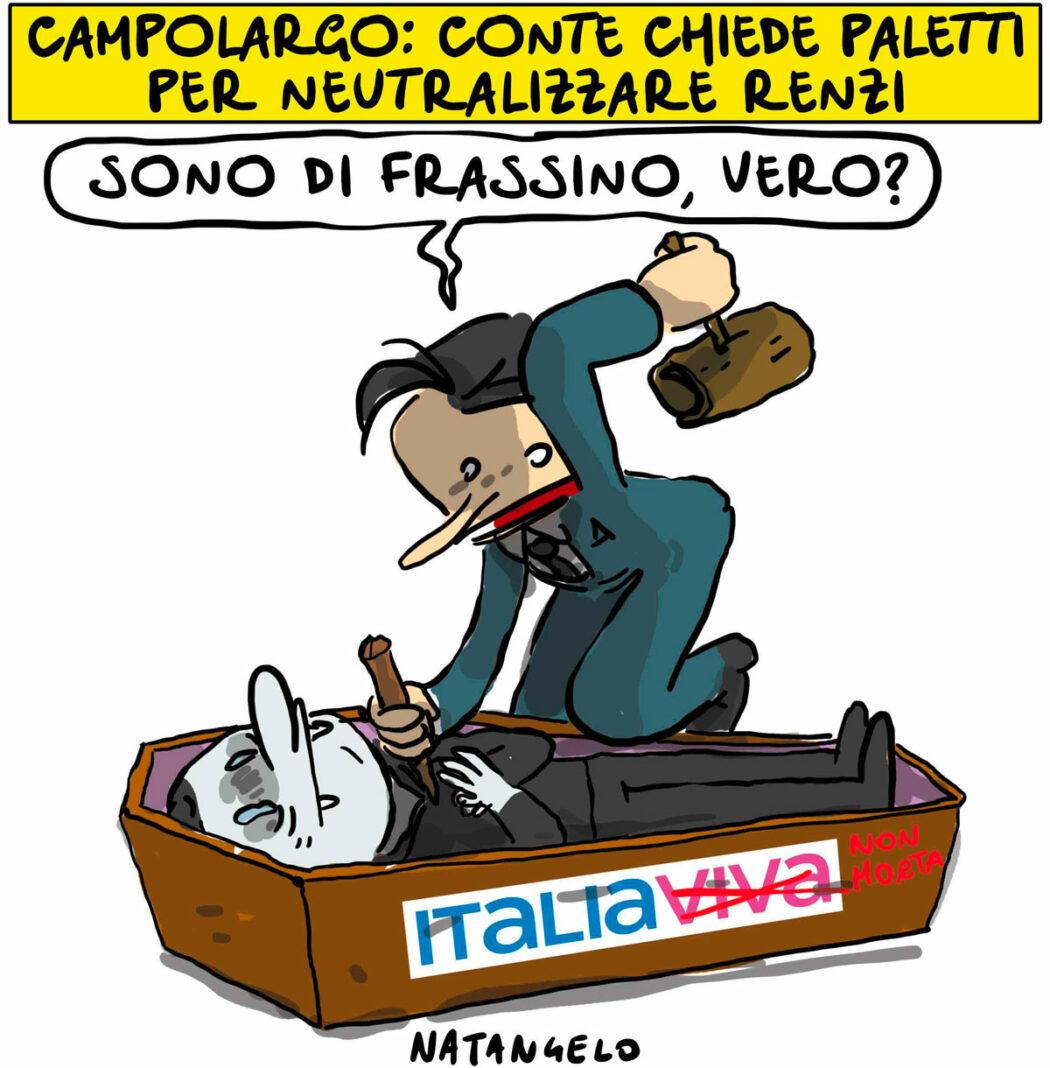 Nel disegno, Giuseppe Conte domanda: "Sono di frassino, vero?".
Sotto di lui, sdraiato in una bara, Matteo Renzi con le sembianze di un vampiro.