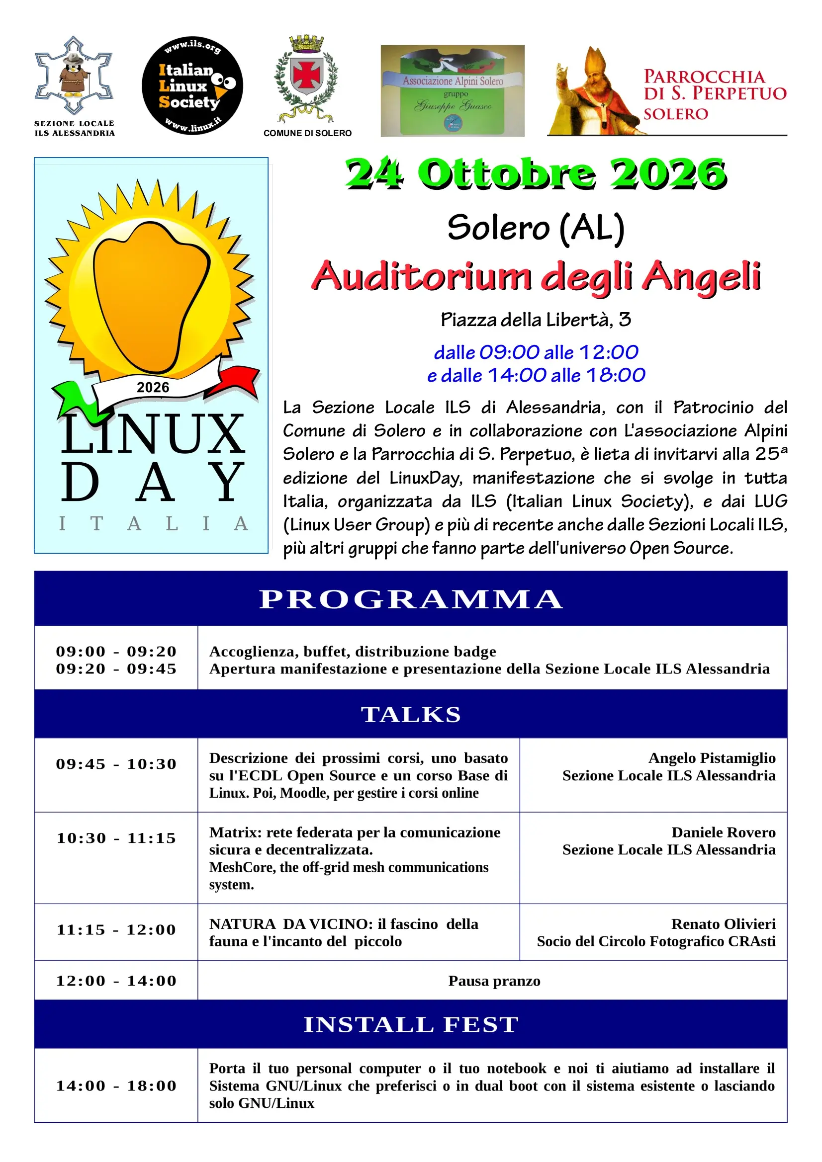 Locandina del programma della manifestazione Linux Day di sabato 24 ottobre.