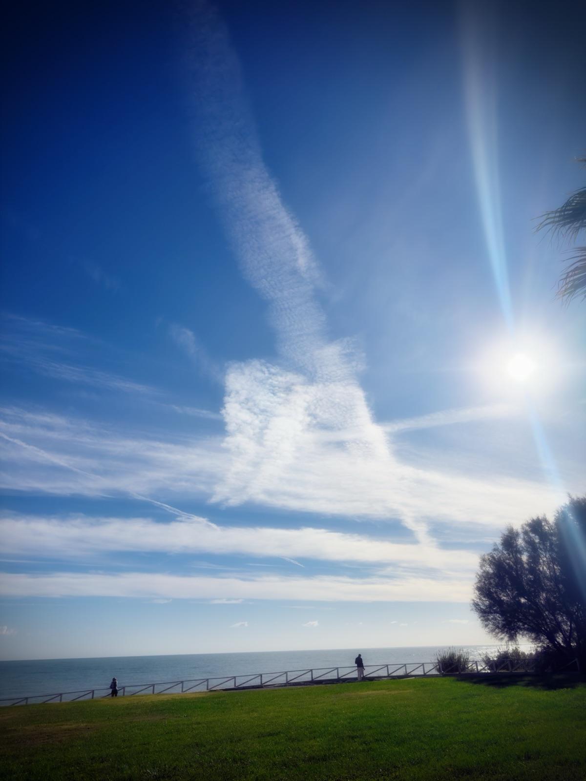 Un prato verde con una recinzione di legno lungo il bordo, che si affaccia sul mare. Il cielo è blu con nuvole bianche e il sole splende. Ci sono due persone sulla recinzione.