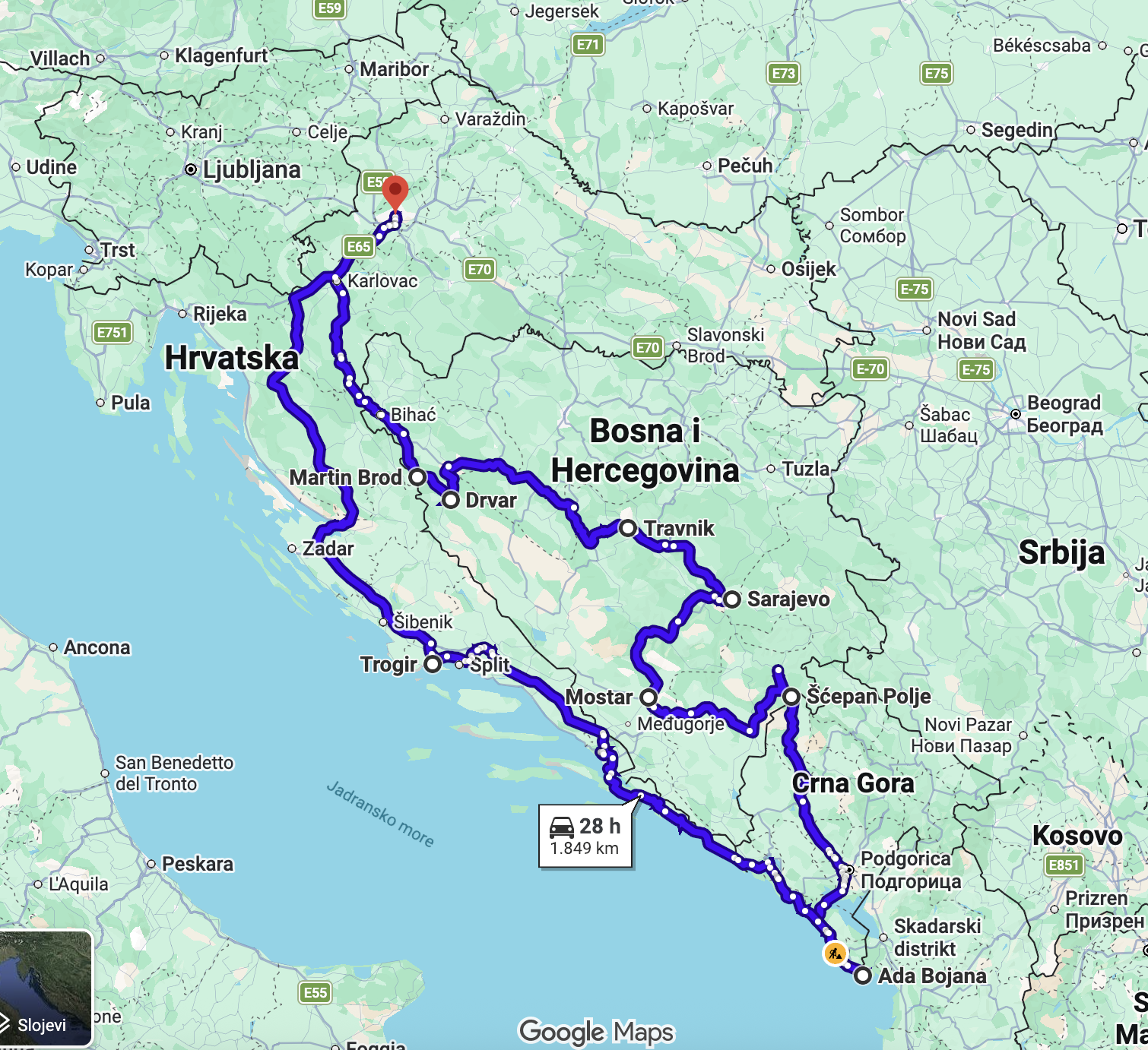 A map of the Balkans showing a route through Bosnia and Herzegovina, Montenegro and the Dalmatian coast