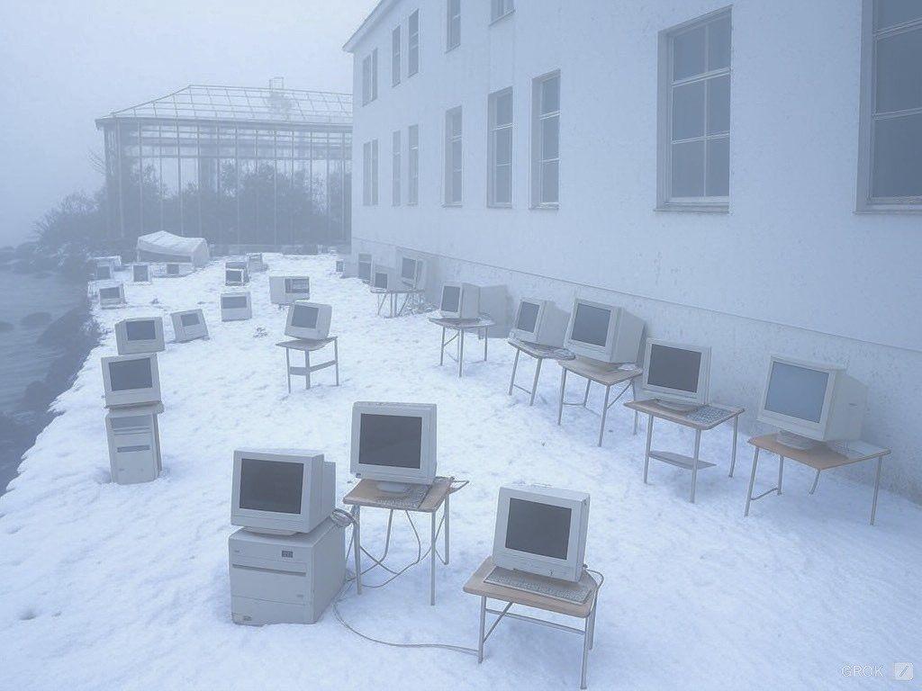 Computers and desks outside in the snow.