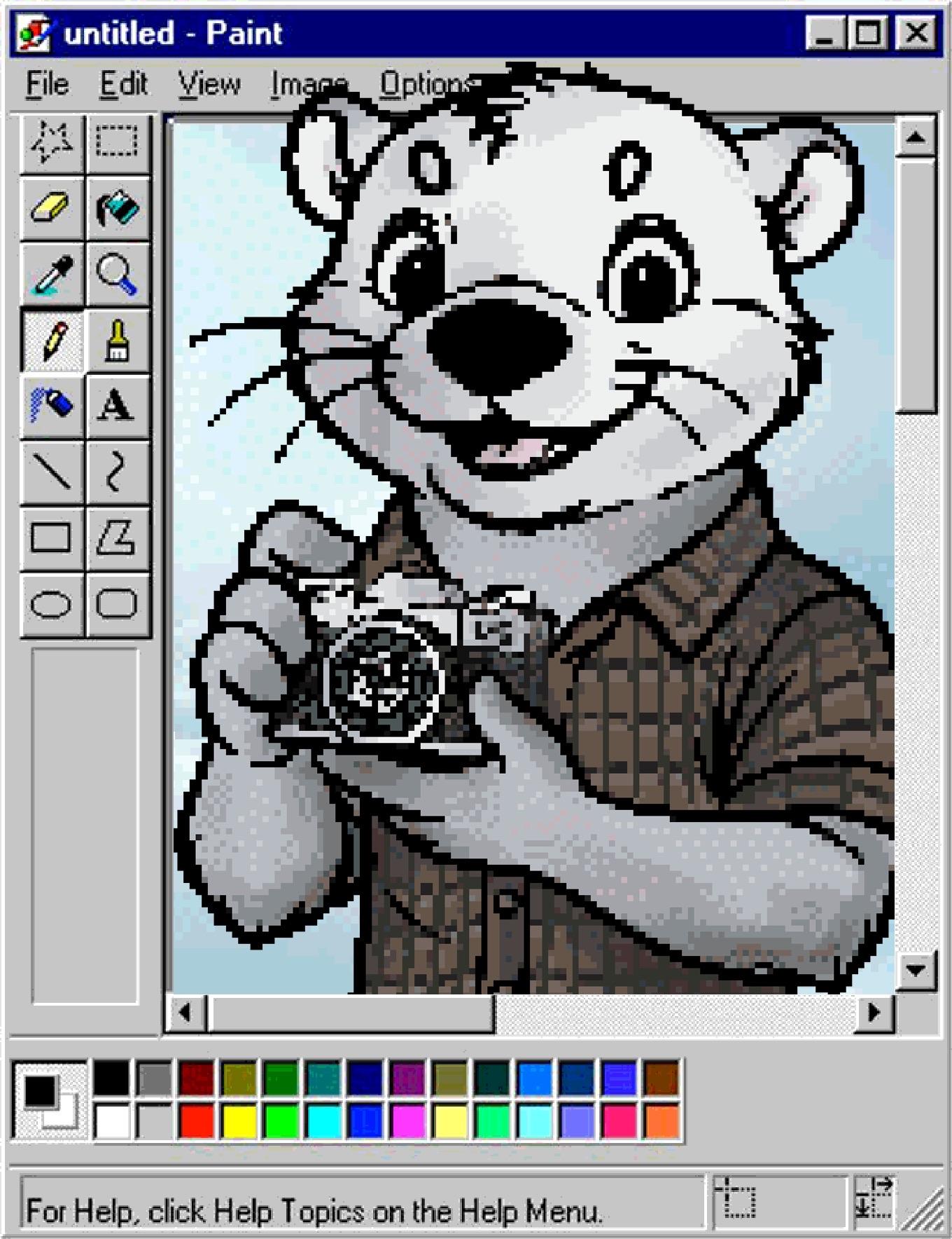 A pixel art piece of halide, a river otter with light monochrome fur patterns. She’s holding a small silver SLR.
The border of the piece is Paint.exe from Windows 9x, with her head sticking slightly out of the draw area.
