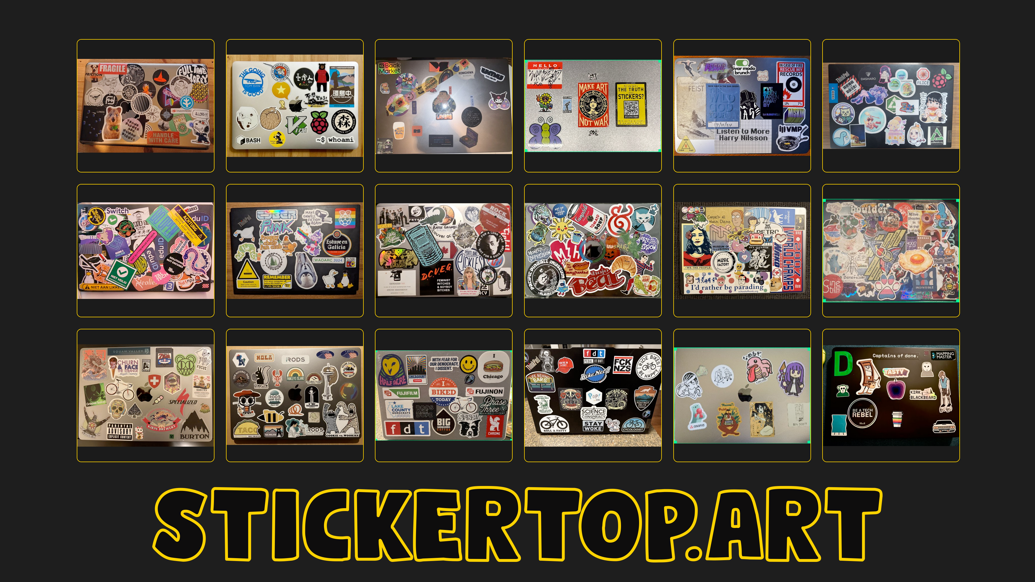 An image showing some of the laptop stickers on display at sticker top.art three rows of six laptop lids covered with various stickers