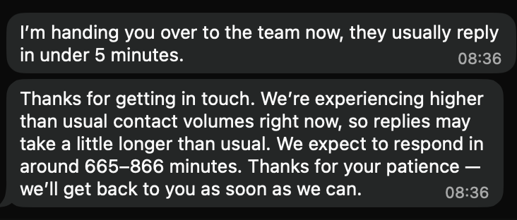 Two WhatsApp messages from an auto support bot. The first one reads "I'm handing you over to the team now, they usually reply
in under 5 minutes."

The second one reads: "Thanks for getting in touch. We're experiencing higher than usual contact volumes right now, so replies may take a little longer than usual. We expect to respond in around 665-866 minutes. Thanks for your patience — we'll get back to you as soon as we can."