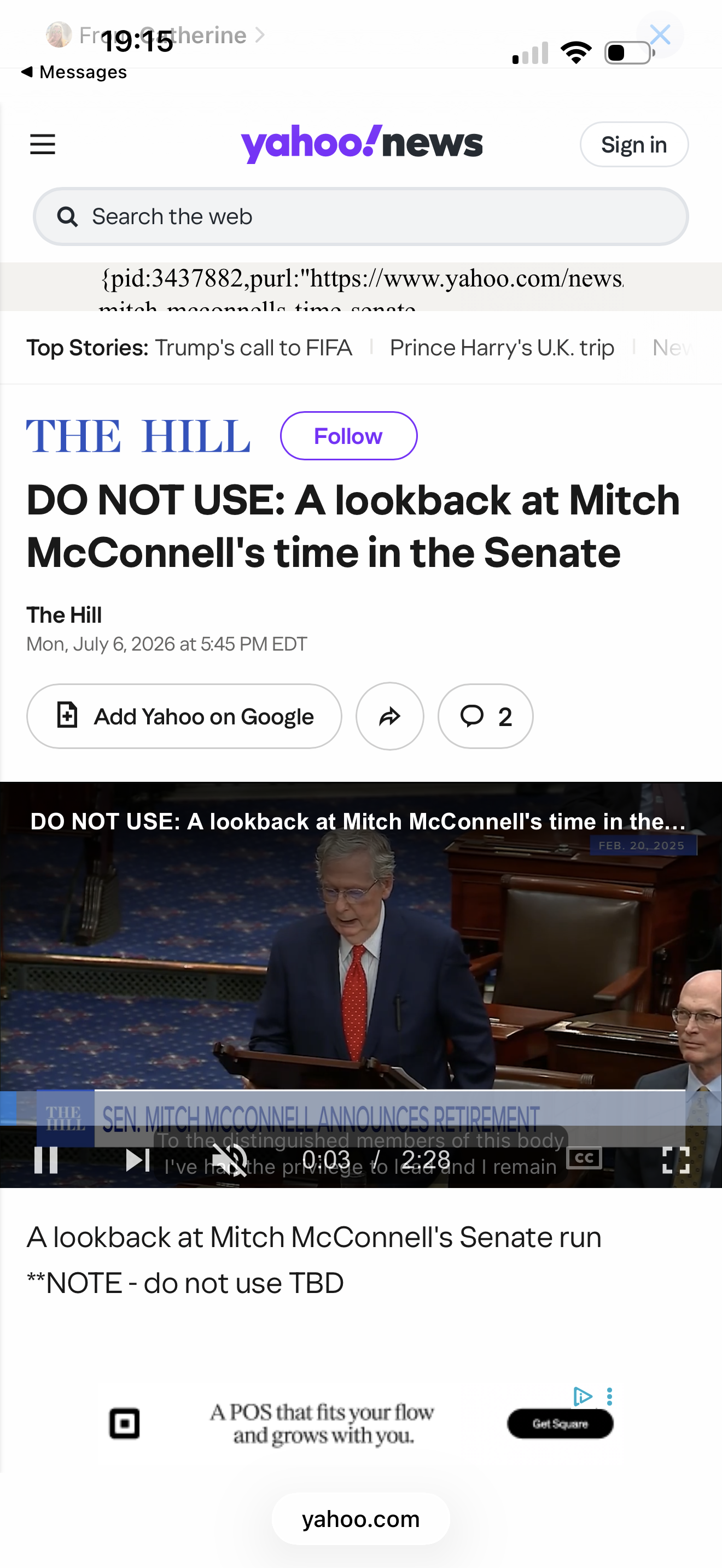 A screenshot from Yahoo News about Mitch McConnell’s time in the Senate. However it’s marked DO NOT USE. The image below the headline also reads NOTE: DO NOT USE TBD