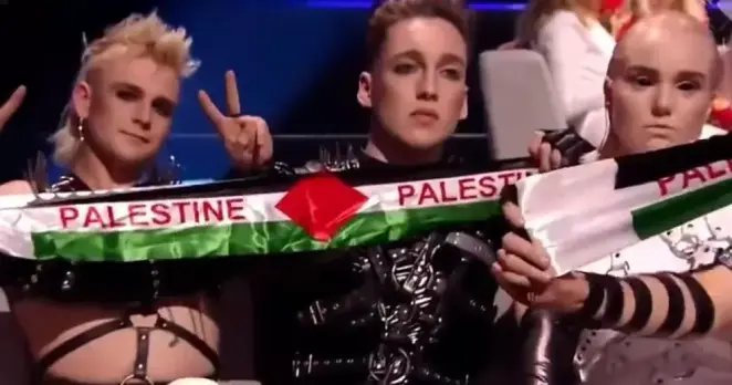 Icelandic band Hatari holds up a Palestinian flag at Eurovision 2019 in Israel.