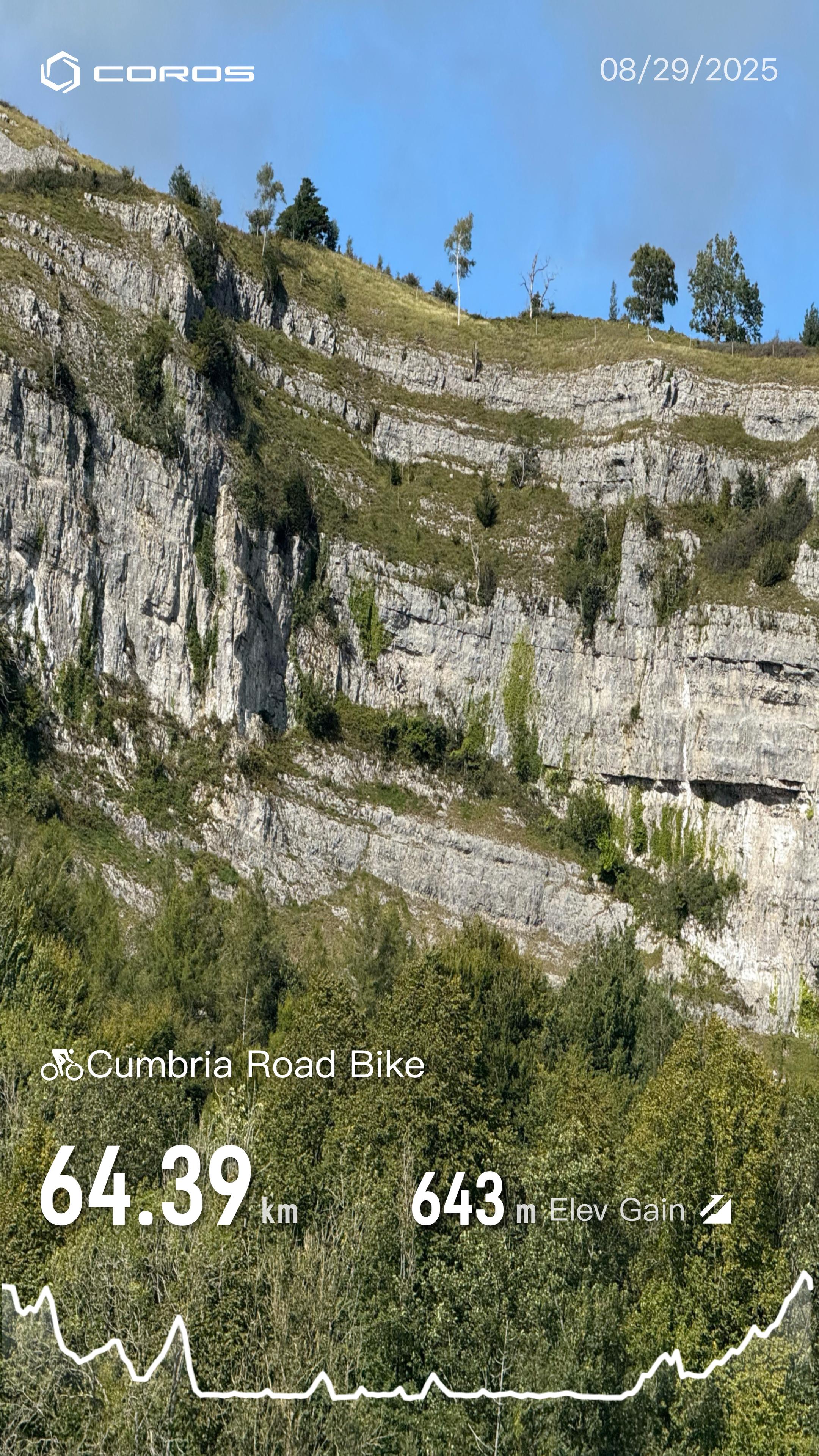 Limestone cliff with overlaid ride details 64.39km 643m Elev Gain