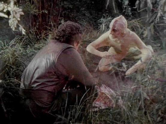 Claude Sonnet 4.0 describes the image as: "I can see two people in what appears to be an outdoor, wilderness setting with vegetation and natural ground cover. One person is wearing darker clothing and appears to be kneeling or crouching down, while another person is positioned nearby. The scene has a somewhat gritty, dramatic quality typical of science fiction television from that era. The lighting and color palette suggest this may be from a tense or action-oriented sequence. The natural, over…