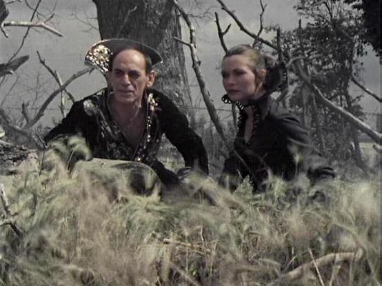 Claude Sonnet 4.0 describes the image as: "I can see two people in what appears to be a dramatic scene set in a barren, post-apocalyptic landscape. They're positioned among tall, dried grass with bare, twisted trees in the background, creating a desolate atmosphere. Both figures are wearing dark clothing that fits the somber tone of the setting. The scene has the distinctive visual style of 1970s British science fiction television, with its characteristic lighting and outdoor filming techniques…