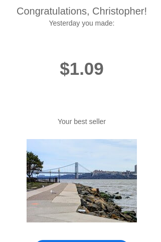 Congratulations, Christopher!
Yesterday you made:
$1.09
Your best seller
George Washington Bridge, Hudson River photo