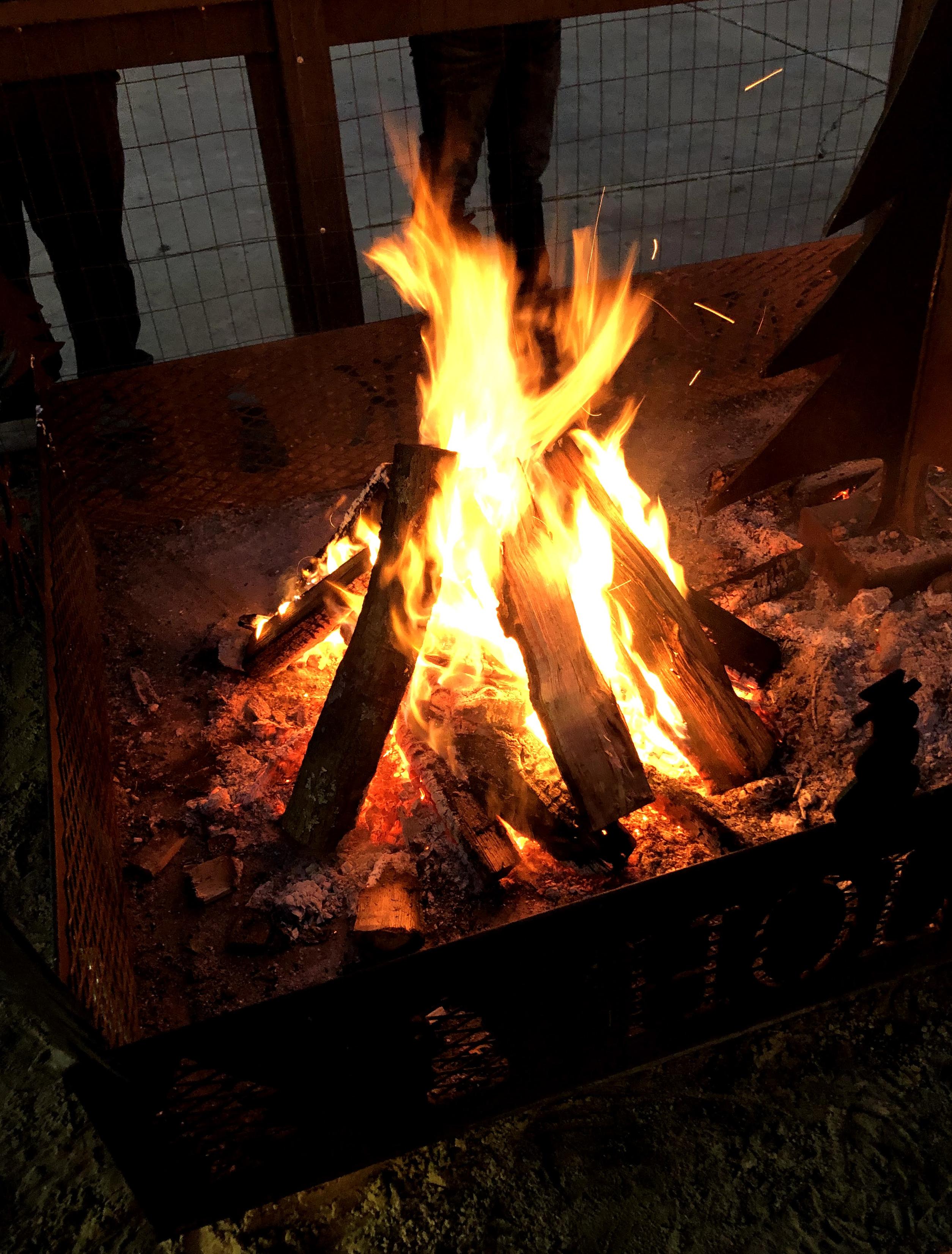 Background: Concrete ground with 2 photobombing humans behind a small fence...
Middleground: Black metal rectangular fire box with evergreen tree shapes cut out of the sides... A metal evergreen shape stands in the center... 
Foreground: Gloriously arranged logs in a tepee shape with a beautiful blazing fire and warm orange glow beneath... Sparks o' flyin'...