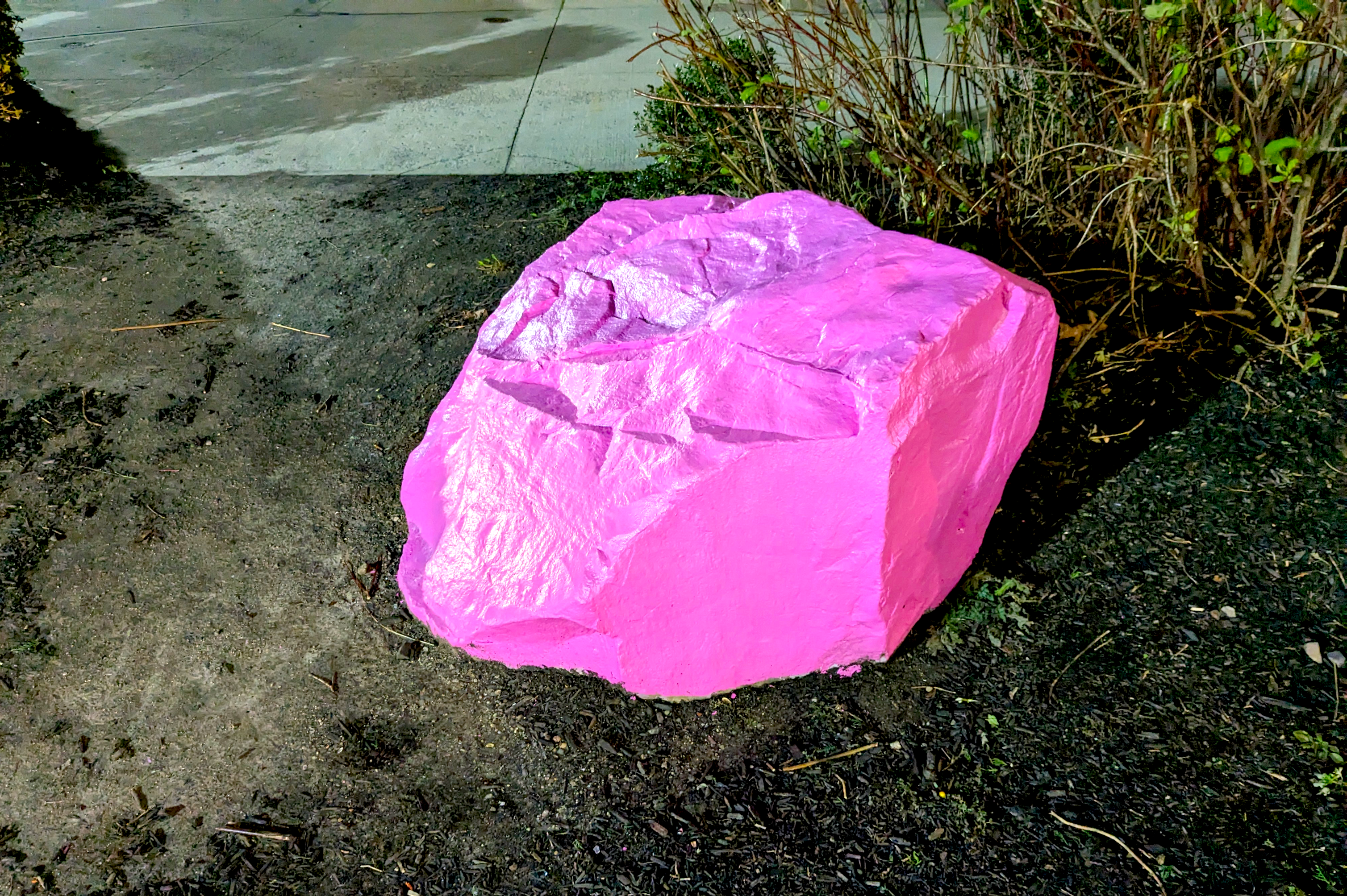 Background: Cement sidewalk with shadows from bushes from nightlight above left...
Middleground: Green leafed bushes highlighted from a nightlight above left...
Foreground: On the left, a small dirt footpath... In the center, a large painted pink boulder highlighted from above left casting a shadow on the right ground... On the right, mulch and dirt... 

Created: 12/13/2023 8:02 PM
Aperture: ƒ∕1.73
Exposure: 1∕60 s
ISO: 893
Focal Length: 4.38 mm
Camera: Google Pixel 6a