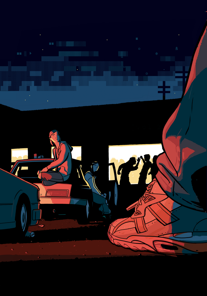 The cover of Incredible Doom Vol. 2 without the text. Teenagers congrigate outside a house at night, arguing, sitting on and in cars. A foot in a sneaker looms in the foreground.