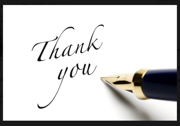 A formal heartfelt hand written thank you note and the image of the nibbled pen that wrote it.