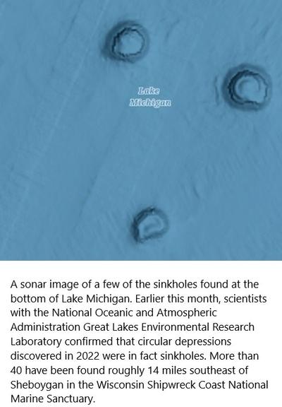 A sonar image of a few of the sinkholes found at the bottom of Lake Michigan. Earlier this month, scientists with the National Oceanic and Atmospheric Administration Great Lakes Environmental Research Laboratory confirmed that circular depressions discovered in 2022 were in fact sinkholes. More than 40 have been found roughly 14 miles southeast of Sheboygan in the Wisconsin Shipwreck Coast National Marine Sanctuary.