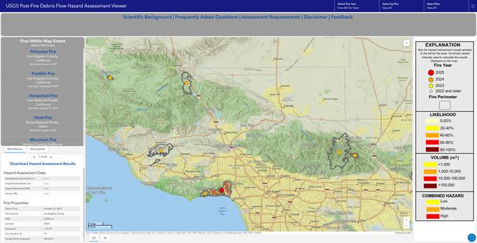 screen shot centered on LA - USGS Post-Fire Debris Flow Hazard Assessment Viewer (web map)