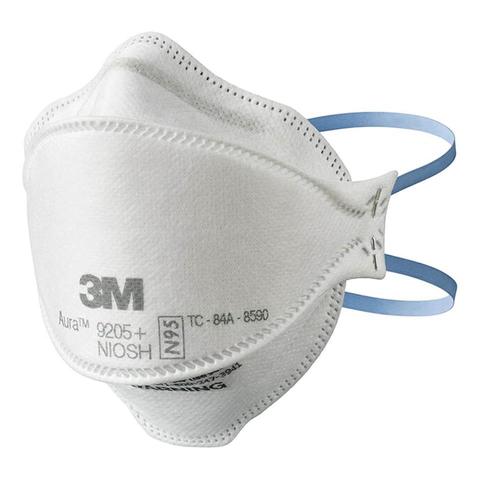 Image of a 3M Aura 9205 N95. One of the respirators known to seal well on most people. Widely available. The surgical certified 3M 1860 and 1800 series Aura is recommended for surgical procedures and where bodily fluid splatter is expected.