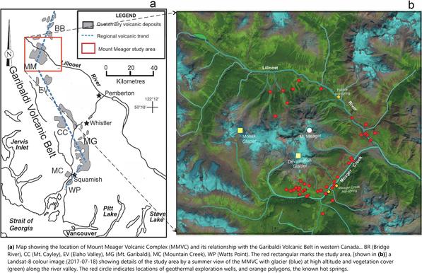 a) Map showing the location of Mount Meager Volcanic Complex (MMVC) and its relationship with the Garibaldi Volcanic Belt in western Canada (modified from Stewart, 2002). BR (Bridge River), CC (Mt. Cayley), EV (Elaho Valley), MG (Mt. Garibaldi), MC (Mountain Creek), WP (Watts Point). The red rectangular marks the study area. b, a Landsat-8 colour image (2017-07-18) showing details of the study area by a summer view of the MMVC with glacier (blue) at high altitude and vegetation cover (green) along the river valley. The red circle indicates locations of geothermal exploration wells, and orange polygons, the known hot springs.