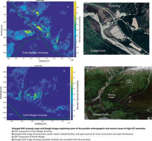 Enlarged GHF anomaly maps and Google images explaining some of the possible anthropogenic and natural causes of high LST anomalies: a) GHF component of East Meager Anomaly; b) Google Earth image showing hydro-power station related facilities, and open quarries for local construction and road maintenance; c) GHF component of North Meager; d) Google Earth image showing a possible landslide site coincident with the anomalies.