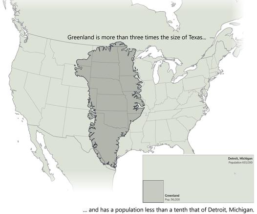 maps - showing Greenland's size and population vs. US examples