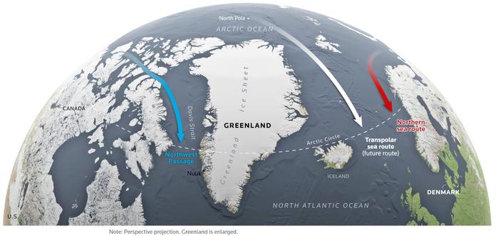 more polar orientated map showing marine navigation routes in the area...