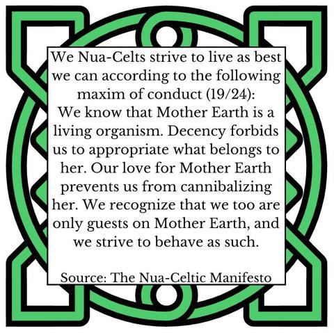 We Nua-Celts strive to live as best we can according to the following maxim of conduct (19/24):
We know that Mother Earth is a living organism. Decency forbids us to appropriate what belongs to her. Our love for Mother Earth prevents us from cannibalizing her. We recognize that we too are only guests on Mother Earth, and we strive to behave as such.
Source: The Nua-Celtic Manifesto