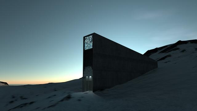 A 3D rendering of a tall concrete structure with a hologram on top, set on an icy mountain, with the deep blue sky of early evening behind.