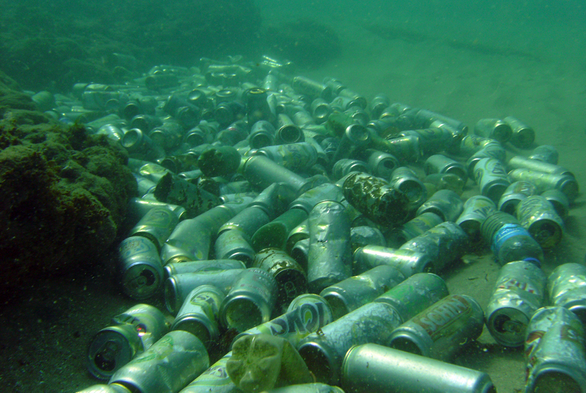 The image depicts an underwater scene with a large number of discarded aluminum cans scattered across the ocean floor. The cans are of various sizes and shapes, with some showing signs of wear and corrosion, indicating they have been submerged for a considerable time. The water is murky, with a greenish tint, suggesting the presence of algae or other organic matter. The seabed is visible, with a mix of sand and some rocky formations. The cans are densely packed, with some overlapping each other, creating a chaotic and polluted appearance. The image highlights the issue of marine pollution, specifically the accumulation of non-biodegradable waste in underwater environments.
