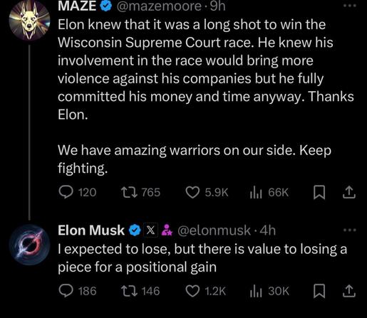 Elon Musk, I expect to lose but there is value to losing a piece for a positional gain
