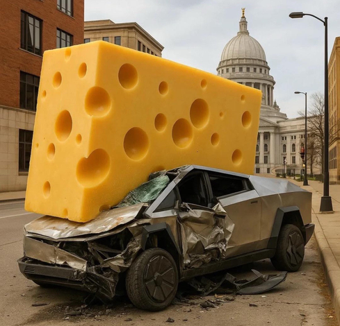 A slab of cheese on a Tesla Cybertruck