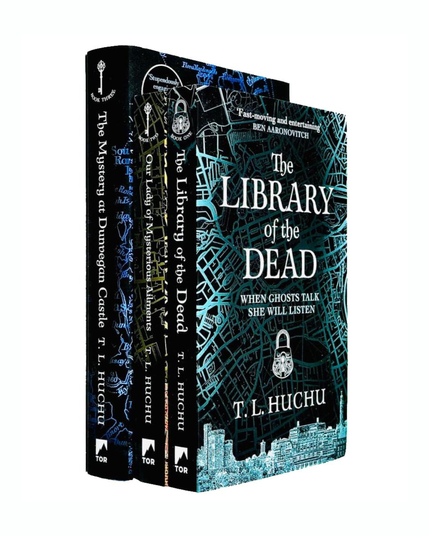 Three books of the Edinburgh Nights series by T.L. Huchu. The Library of the Dead, Our Lady of Mysterious Ailments, and The Mystery at Dunvegan Castle.