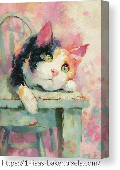 An art print displayed on a canvas of a cute calico cat with a curious look sitting on a wooden table. Done in the colors of pastel pink and green. Art by Lisa S Baker.