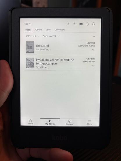 A Kobo Clara BW display, showing exactly two ebooks on it: The Stand by Stephen King, at 11.3 MB in size; and Tweakers, Crane Girl and the Semi-pocalypse by indie author David Rider, at a mere 1 MB