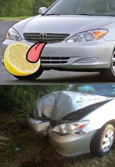Two-panel image. Top: a silver Toyota Camry edited to look like it’s licking a lemon with a cartoon tongue. Bottom: the same car crashed with a wrecked front end.