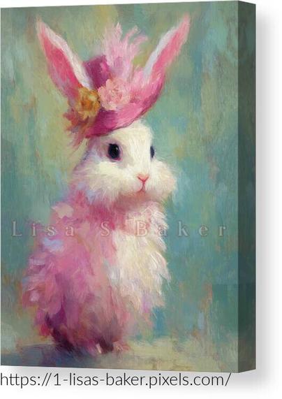 An art print of a pink fluffy bunny wearing her pink Easter hat. Art by Lisa S Baker.