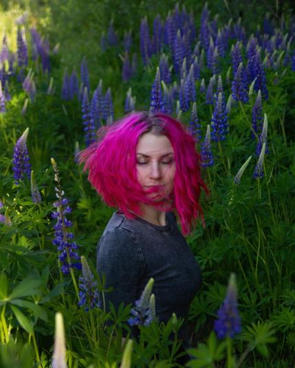 A pink haired woman surrounded by lupines on a windy day