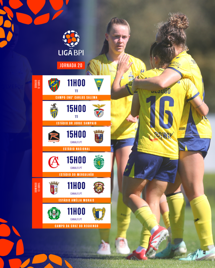 Póster com a listagem dos jogos da Jornada 20 da Liga BPI, em que o fundo é uma fotografia de três jogadoras do Valadares-Gaia, festejando um golo.

Sábado, 11 de abril:

* SF Damaiense - GD Estoril Praia, 11h, Campo Eng.° Carlos Salema, Canal 11

* Valadares Gaia FC - SL Benfica, 15h, Estádio Dr. Jorge Sampaio, Canal 11

* Racing Power - SCU Torreense, 15h, Estádio Nacional, https://canal11.pt

* Clube Albergaria - Sporting CP, 15, Estádio do Mergulhão, https://canal11.pt

Domingo 13 de abril:

* SC Braga - CS Marítimo, 11h, Estádio Amélia Morais, https://canal11.pt

* Vilaverdense FC - FC Famalicão, 11h, Campo da Cruz do Reguengo, https://canal11.pt