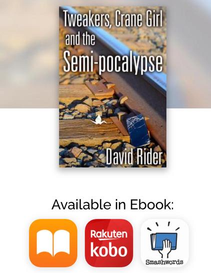 Screenshot of the cover of “Tweakers, Crane Girl and the Semi-pocalypse” by indie author David Rider, listed as “Available in Ebook,” above the logos for Apple Books, Rakuten Kobo, and Smashwords