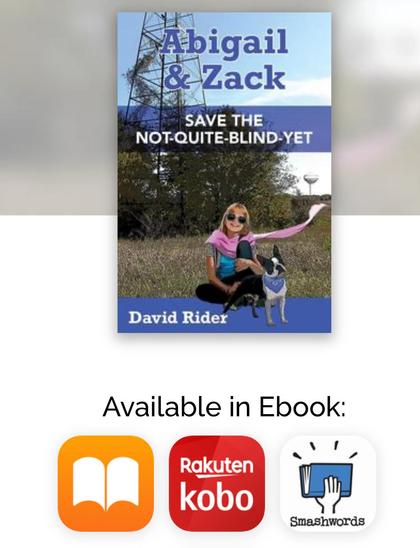 Screenshot of the cover of “Abigail & Zack Save the Not-Quite-Blind-Yet” by indie author David Rider, listed as “Available in Ebook,” above the logos for Apple Books, Rakuten Kobo, and Smashwords