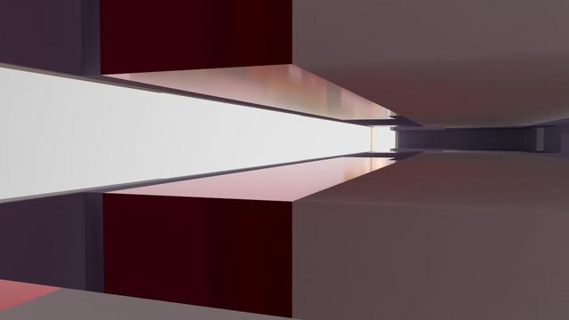 Horizontal cut through a white and copper block bordered by light purple and red. The sky is white. Reflexions in the polished copper hint at more complex structures outside. Bounced light on the white floor and ceiling is purple and red.
Voxel scene procedurally generated and path traced in Avoyd.