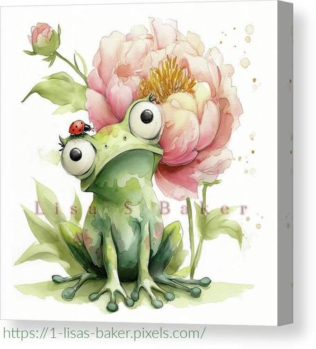 An art print of a frog sitting in font of a large peony flower. A ladybug is crawling on the frogs head. Art by Lisa S Baker.