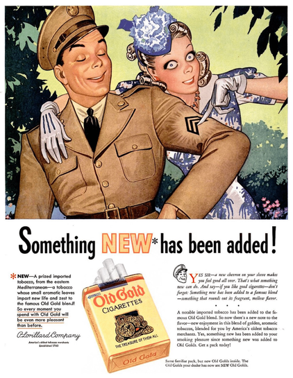 The artist of this advertisement sure had a strange way of depicting this woman’s eyes. She looks like she’s high as a kite. The scene is a soldier during World War II. And his girlfriend or wife is giving him a hug from behind. They’re talking about old gold cigarettes. Her eyes are quite wide and perplexing.