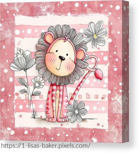 An art print of a cute lion surrounded by white flowers. The background is pink and white stripes with a pink border and white polka dots. Art by Lisa S Baker.