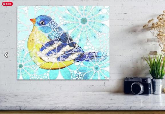 Cute little blue bird with blue mandalas by artist Sharon Cummings Art.