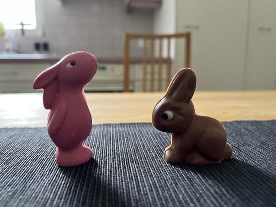 Zwei kleine Schokohasen befinden sich auf einer schwarz strukturierten Oberfläche. Einer ist rosa und steht aufrecht, während der andere braun und in einer sitzenden Position ist, beide mit cartoonhaften Gesichtsausdrücken. Ein verschwommener Küchenhintergrund ist hinter ihnen zu sehen.