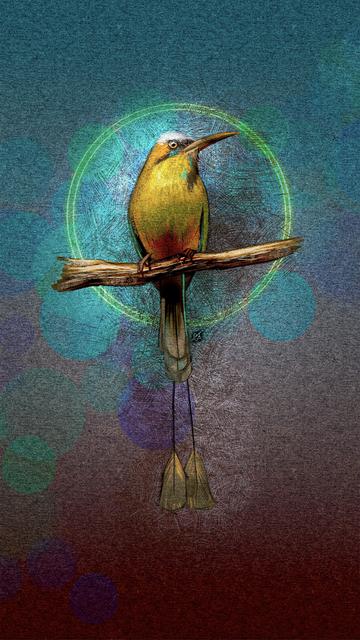 Illustrated phone wallpaper of a Turquoise-Browed Motmot perched on a branch. Behind the bird is a brown paper texture with a teal gradient at the top and Bokeh lighting effects. Surrounding the bird is crosshatching and a double halo of green light. The bird is dramatically lit in a spotlight effect, emphasizing some of its yellow coloration.